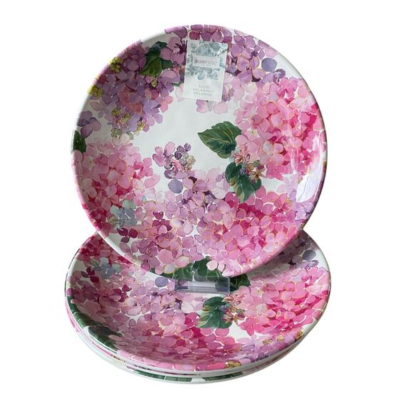 NEW Shabby Chic Pink Floral Hydrangea Melamine Dinner Plates 11in Set of 4 - Picture 1 of 9